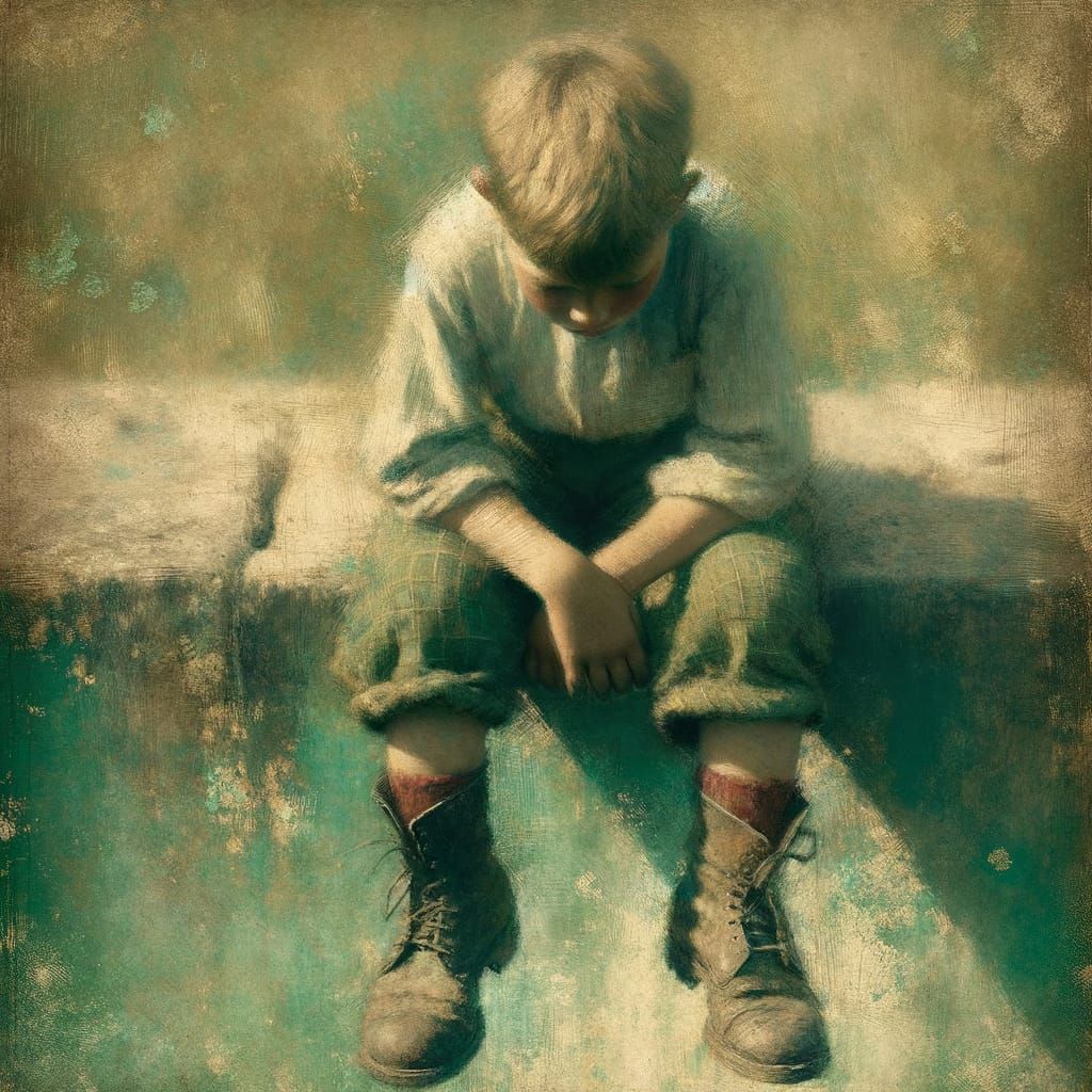 Melancholic Child on Ledge in Old Masters Style