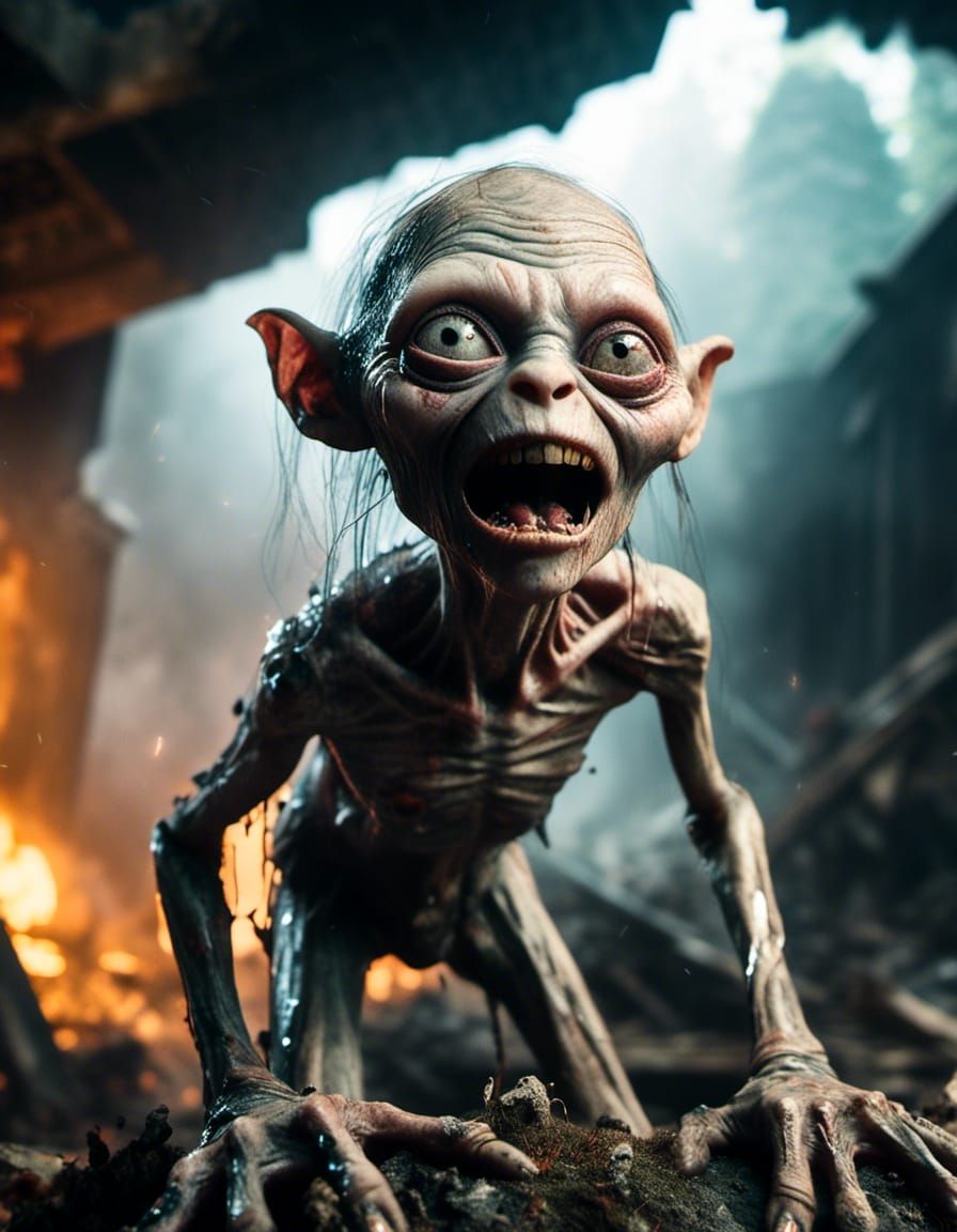 Zombie Gollum in Destroyed Hobbiton: Macabre Horror