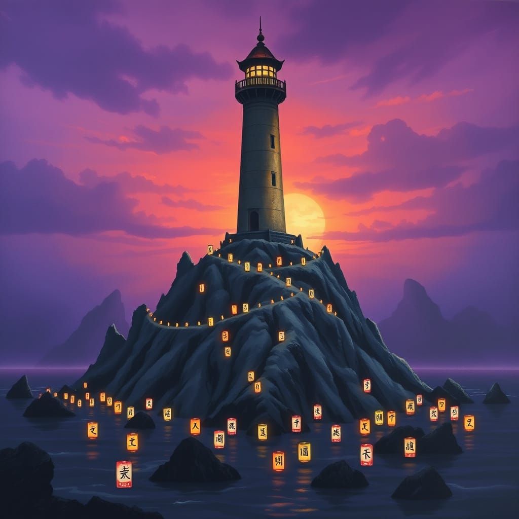 Ancient Lighthouse at Sunset in Gouache Style
