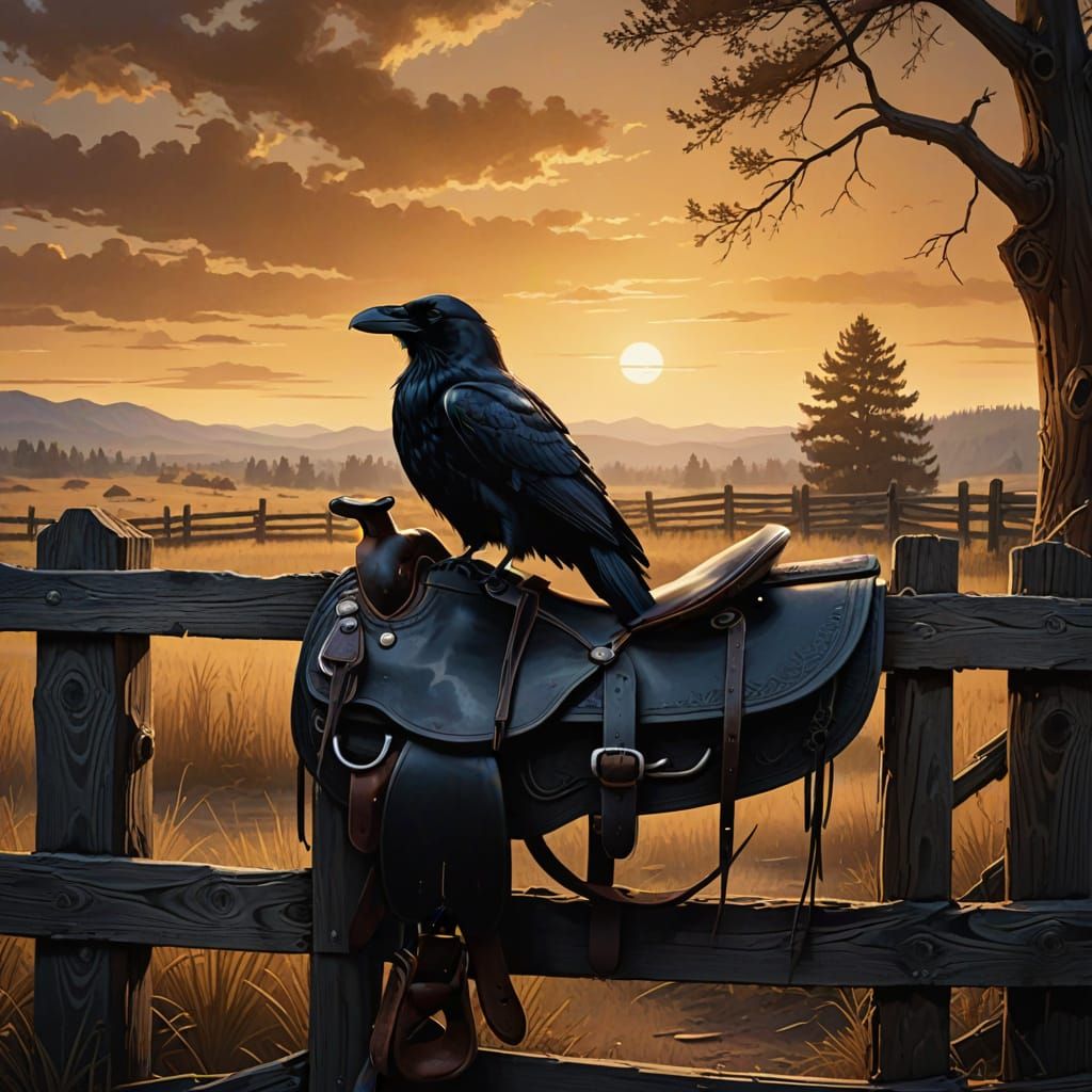Raven Perched on Saddle in Western Film Still
