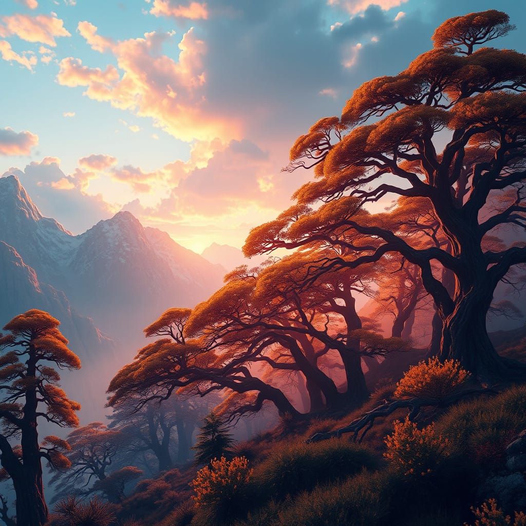 Ethereal Dawn Mountainscape with Majestic Trees
