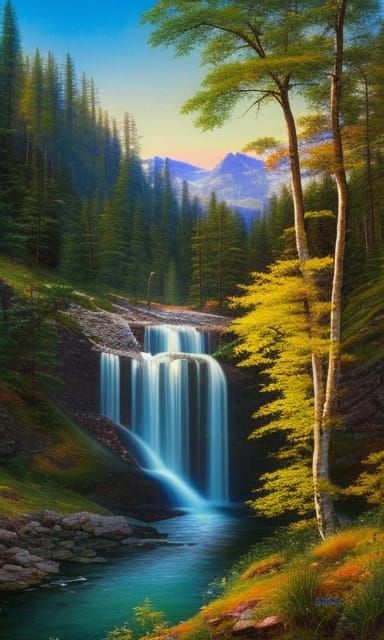 Majestic Waterfall Landscape in Impressionistic Style