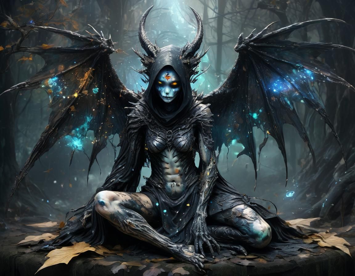 Grim Reaper Cradling Dragon in Ink Splatter Art