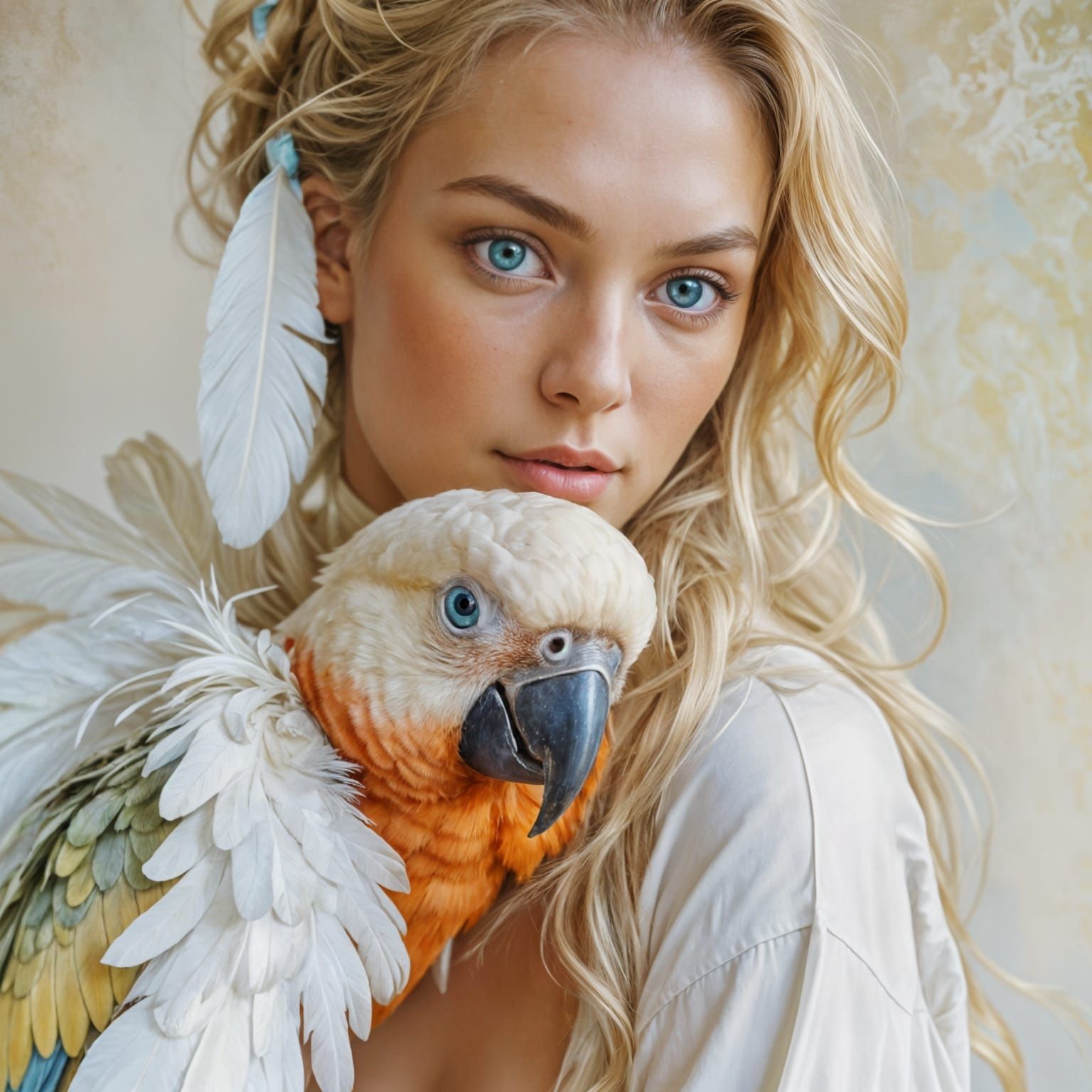 Beautiful blonde and a parrot. 

💛🤍💛 
🦜