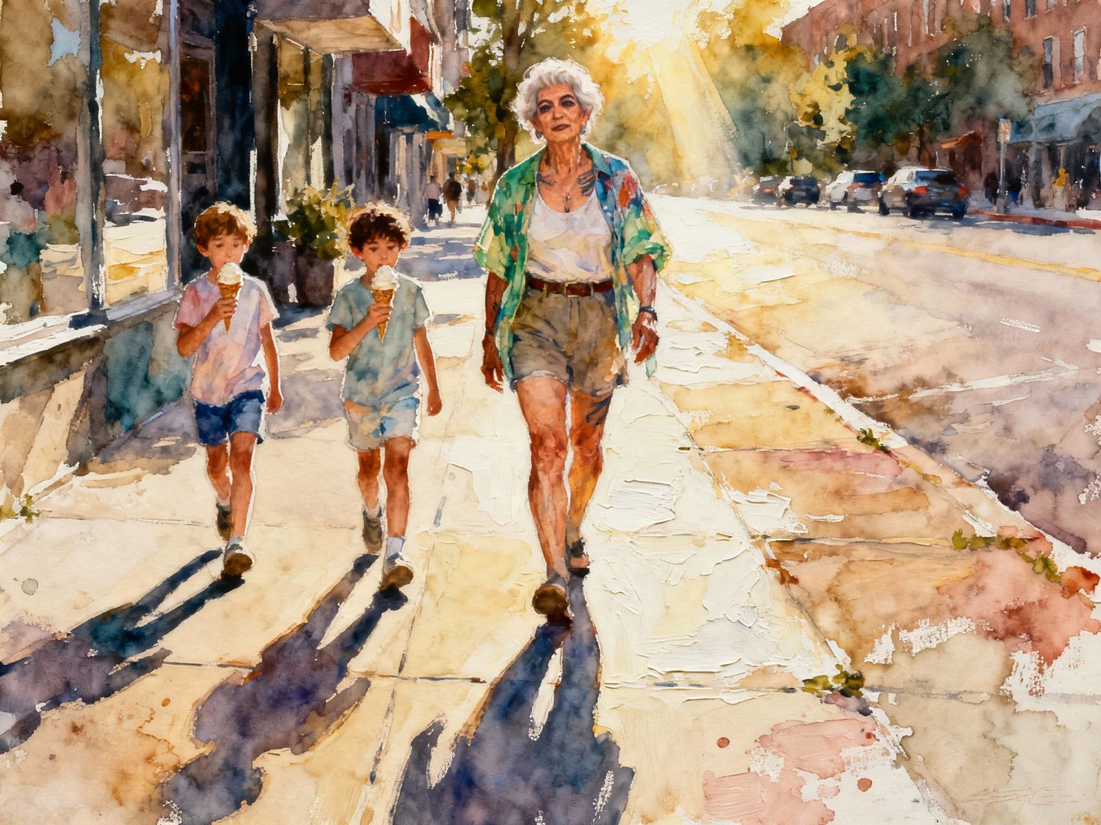 Elderly Transwoman Enjoys Summer Stroll with Grandchildren