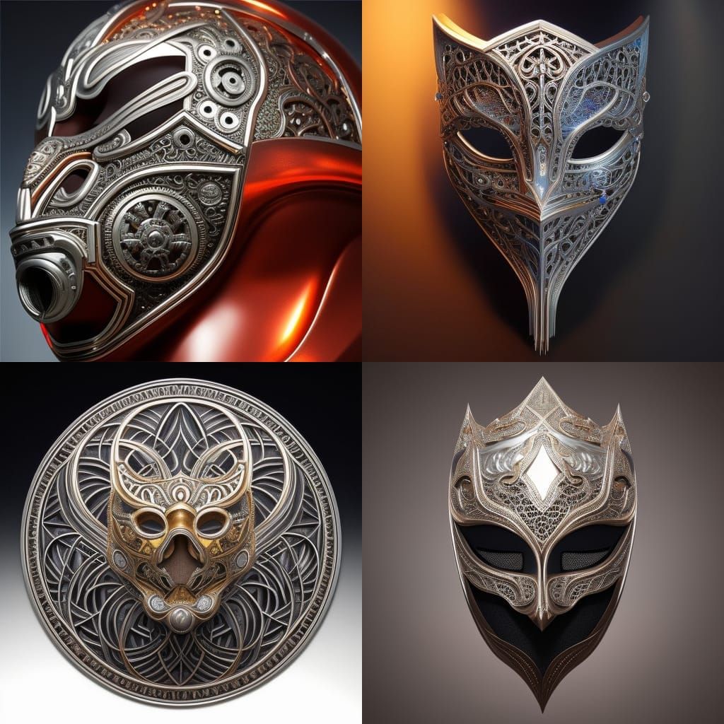 Intricate Metal Mask with Chrome Shading, Digital Art