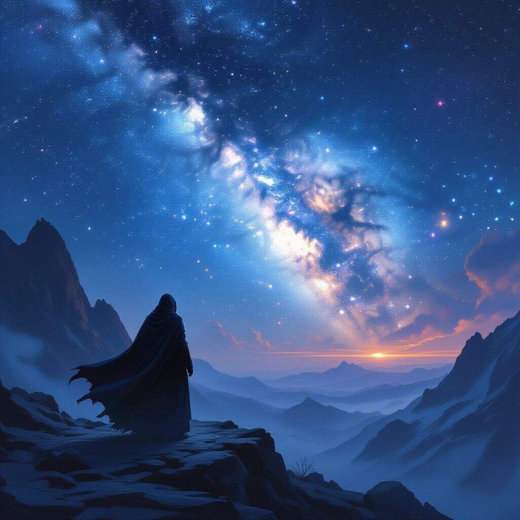 Figure Gazes at Nebula from Mountain Peak