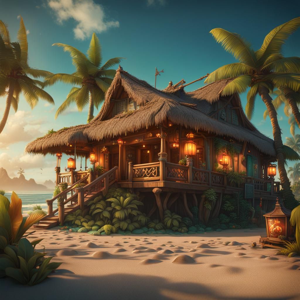 Tiki Surf House Matte Painting in Deep Color