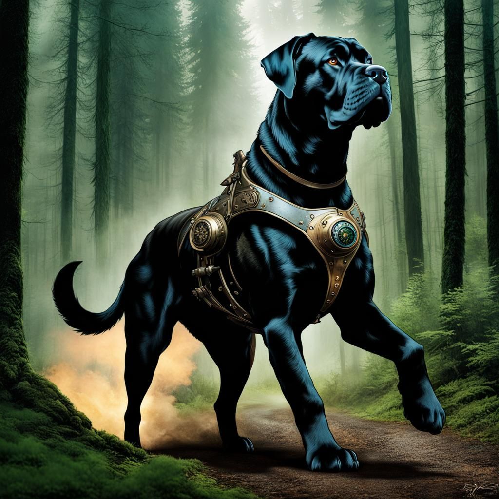 Armored Woman and Mastiff in Steampunk Forest
