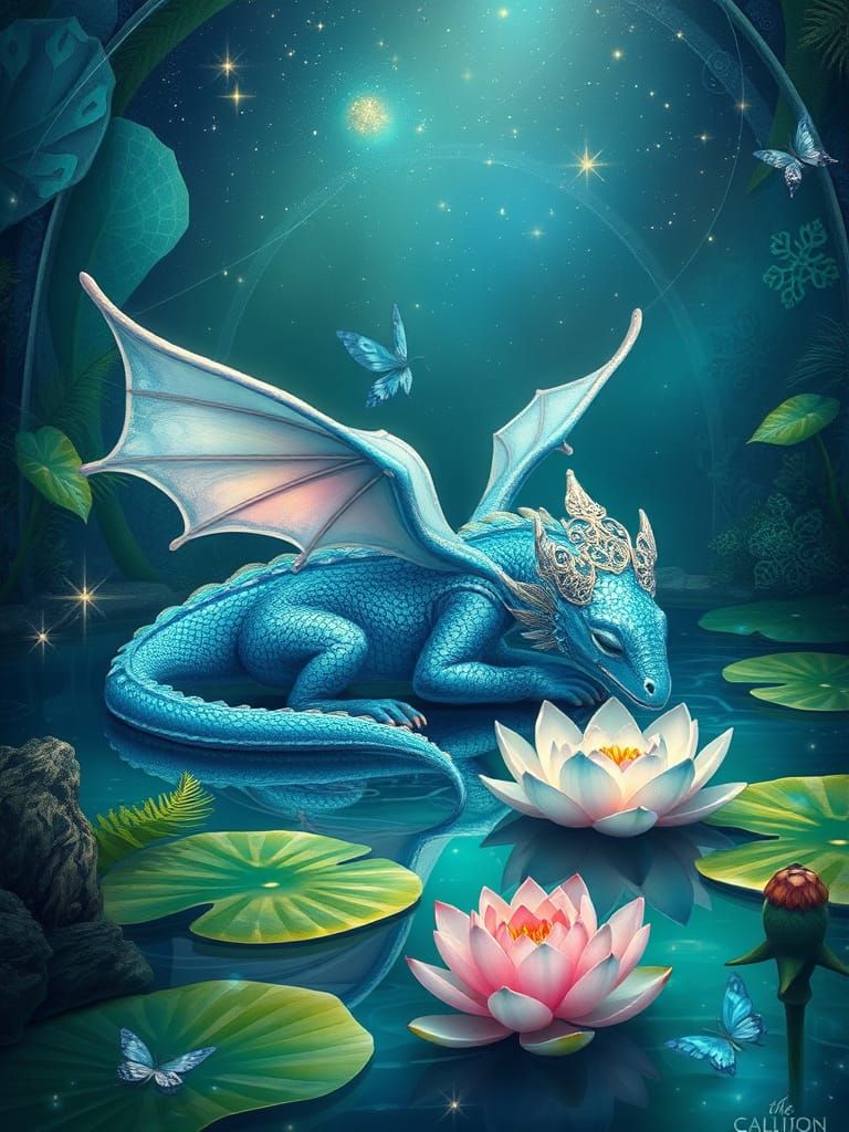 A petite, beautiful etheral Egyptian-blue dragon with shimme...