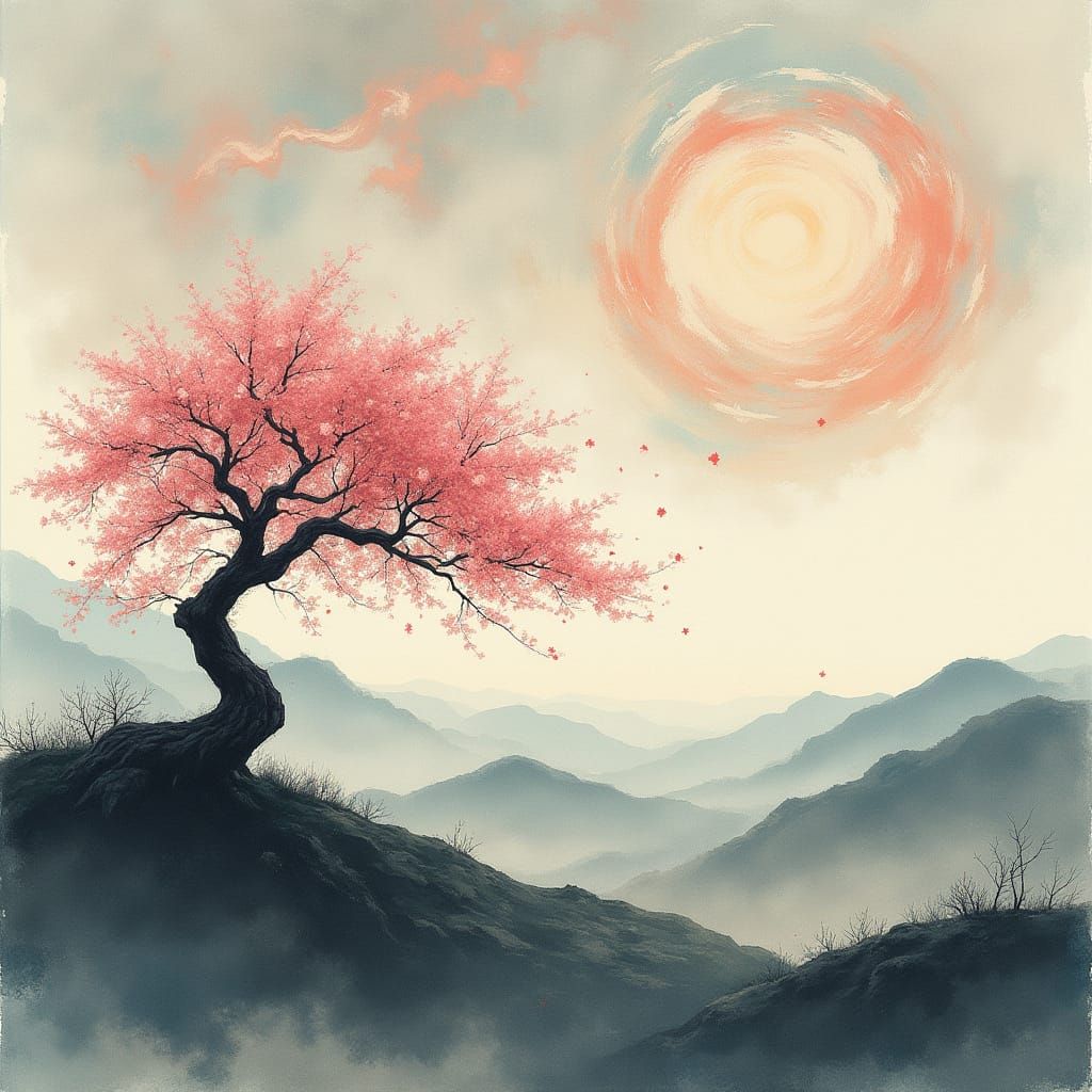 Ink Wash Landscape with Cherry Blossom and Cosmic Sky