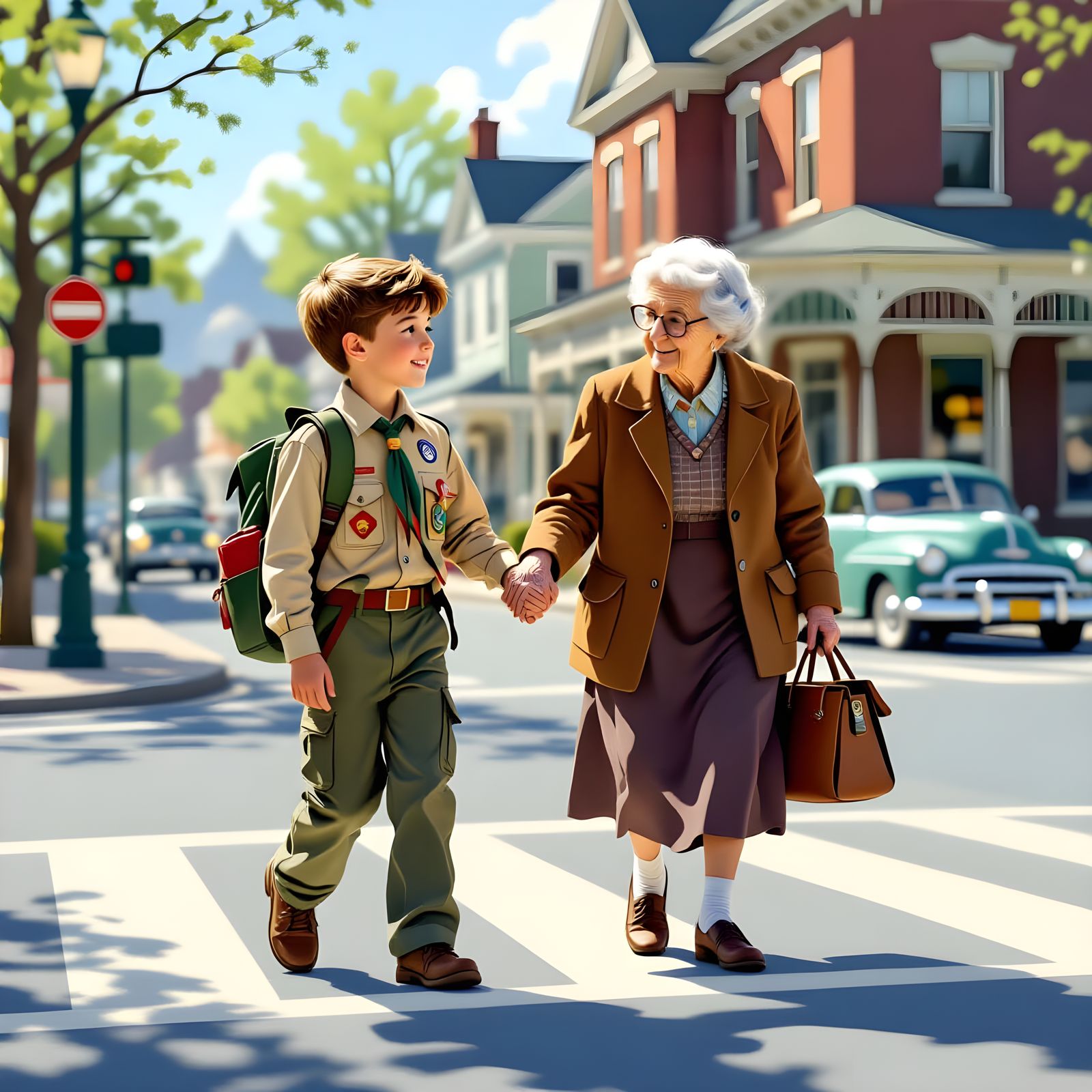 Boy Scout Helps Elderly Woman Cross Busy Street