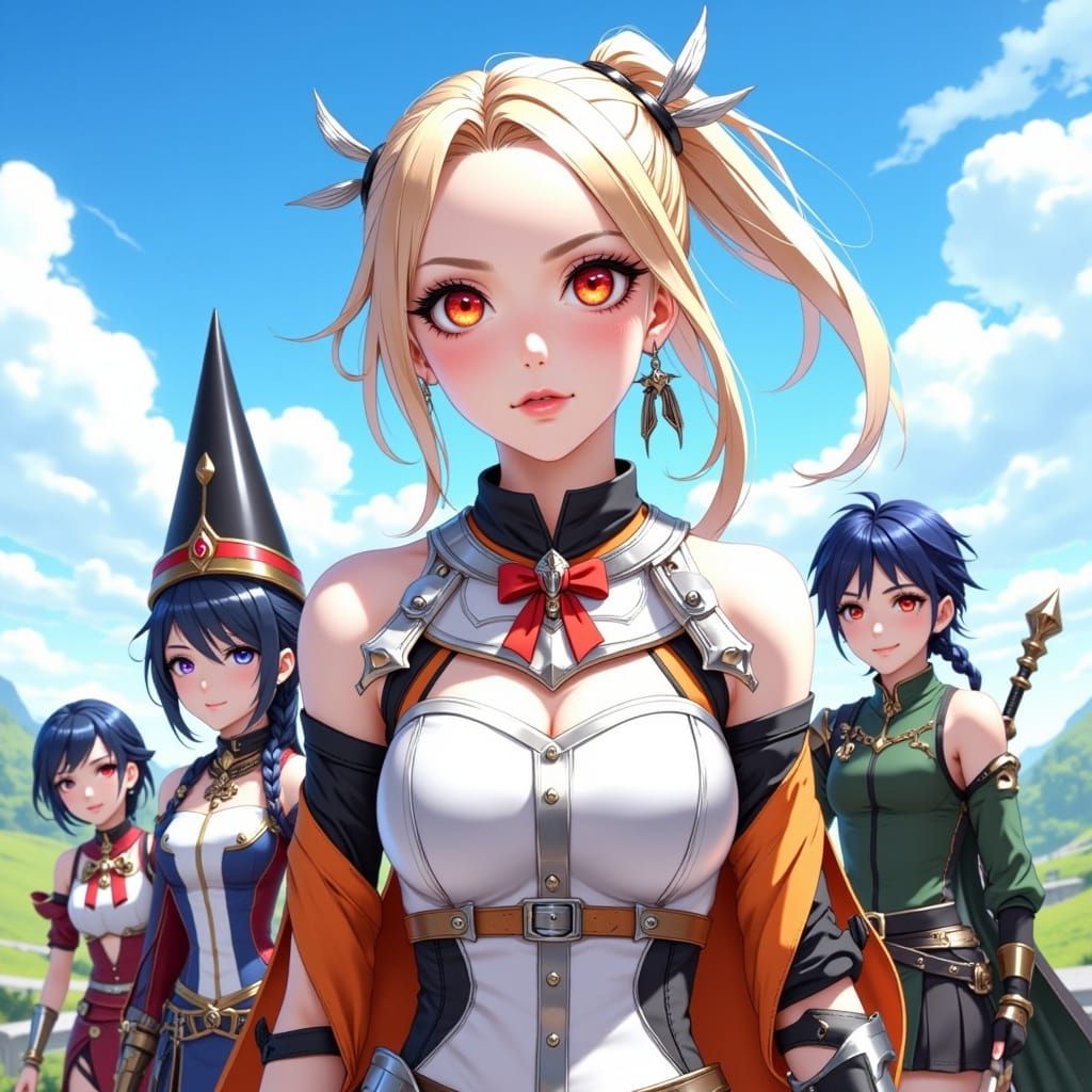 Anime Fantasy Characters Group Outdoors in Bright Sunlight