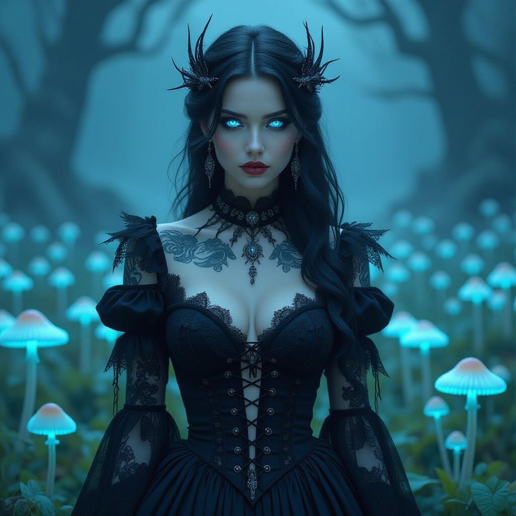 Gothic Woman in Bioluminescent Mushroom Field, Art Nouveau S...