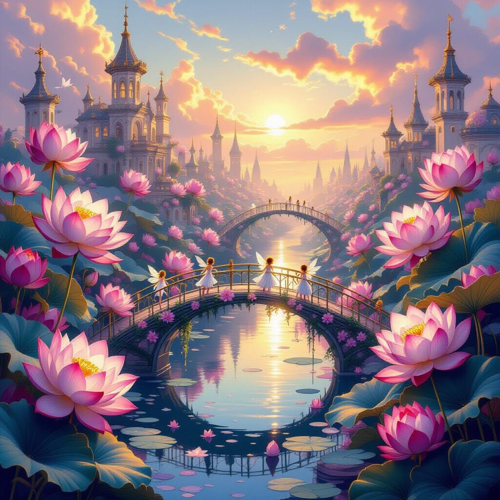 Enchanting Lotus Flower City with Fairies