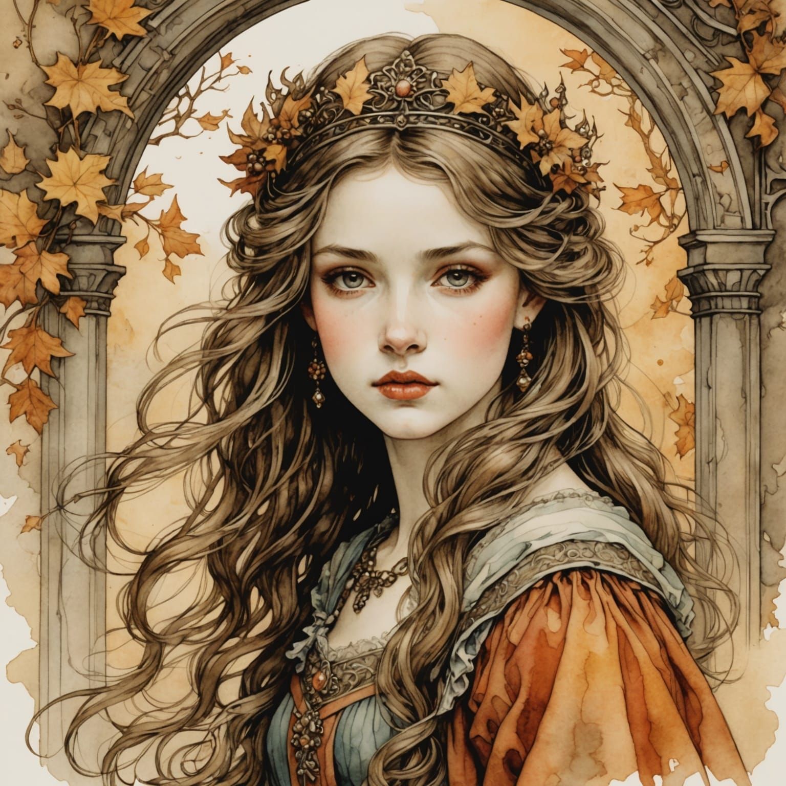 Watercolor Princess in Autumnal Style