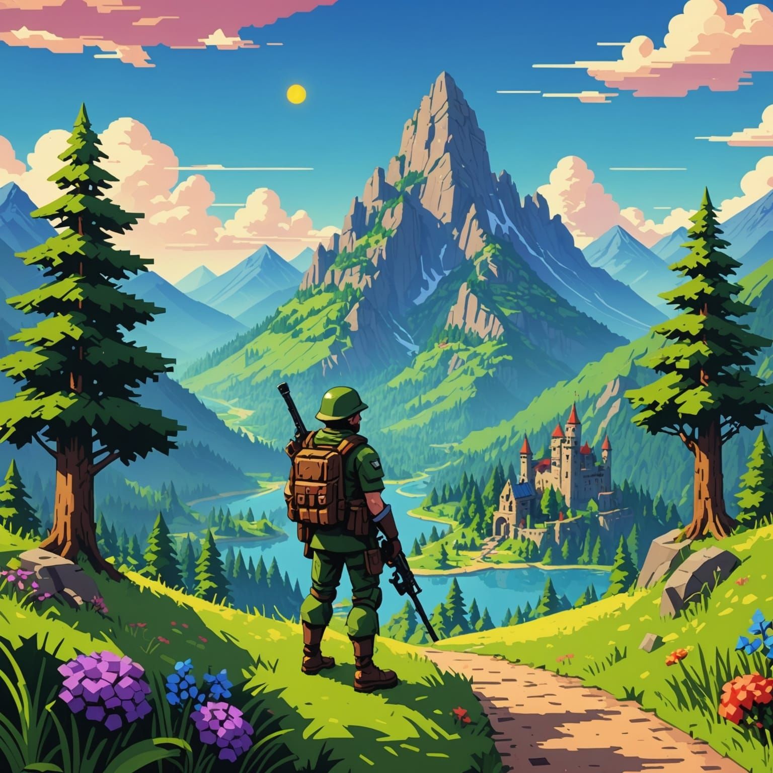 Pixelated Soldier in Lush Fantasy Landscape