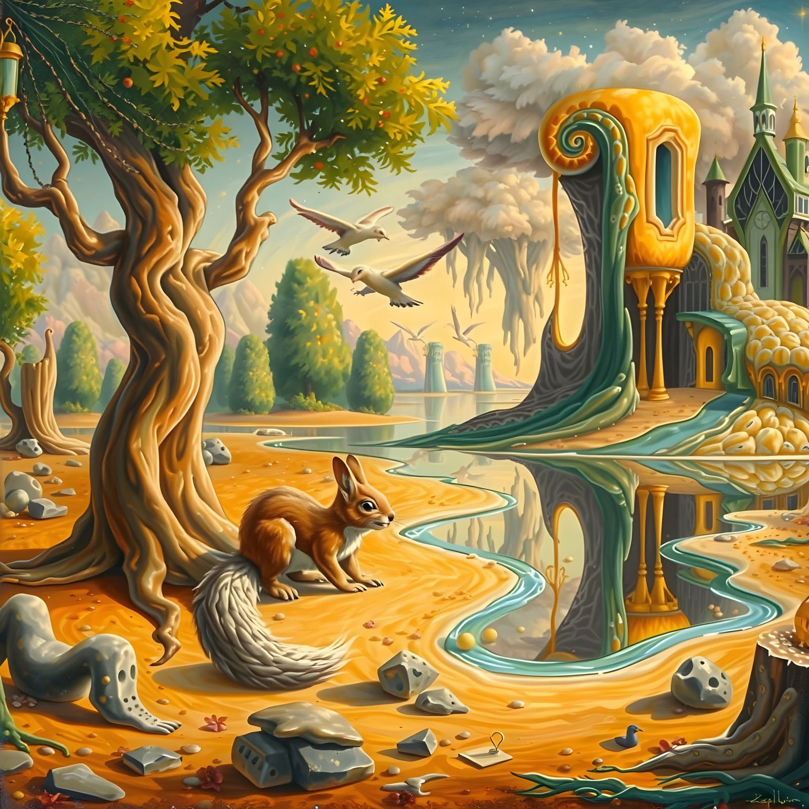 Ethereal Existential Squirrel in a Misty Landscape