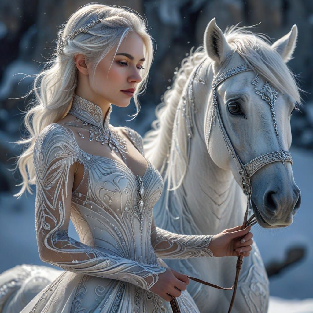 Dark Fantasy Woman and Horse on Snowy Mountain