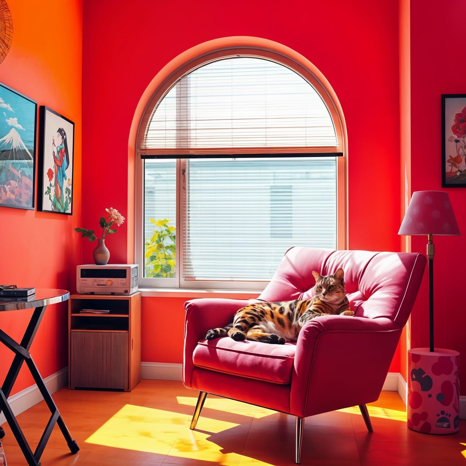 Vibrant Bengal Cat in Whimsical Craft Office