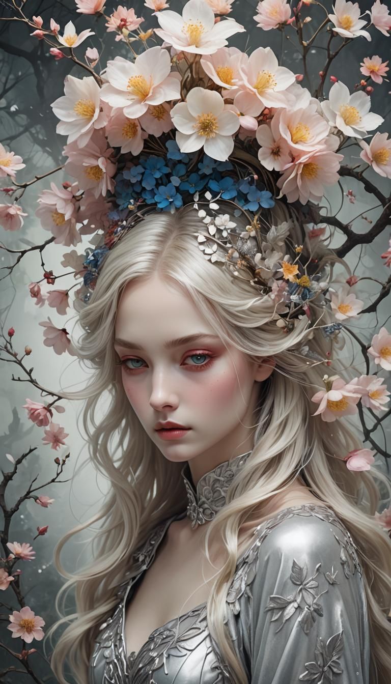 Ethereal Mythical Woman Merging with Blooming Flowers