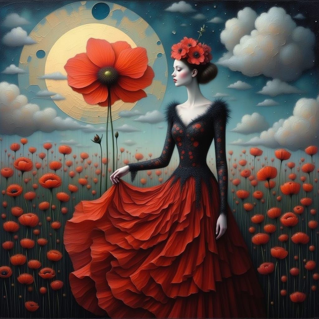 Surreal Goddess of Whimsical Flux in a Field of Blooming Pop...