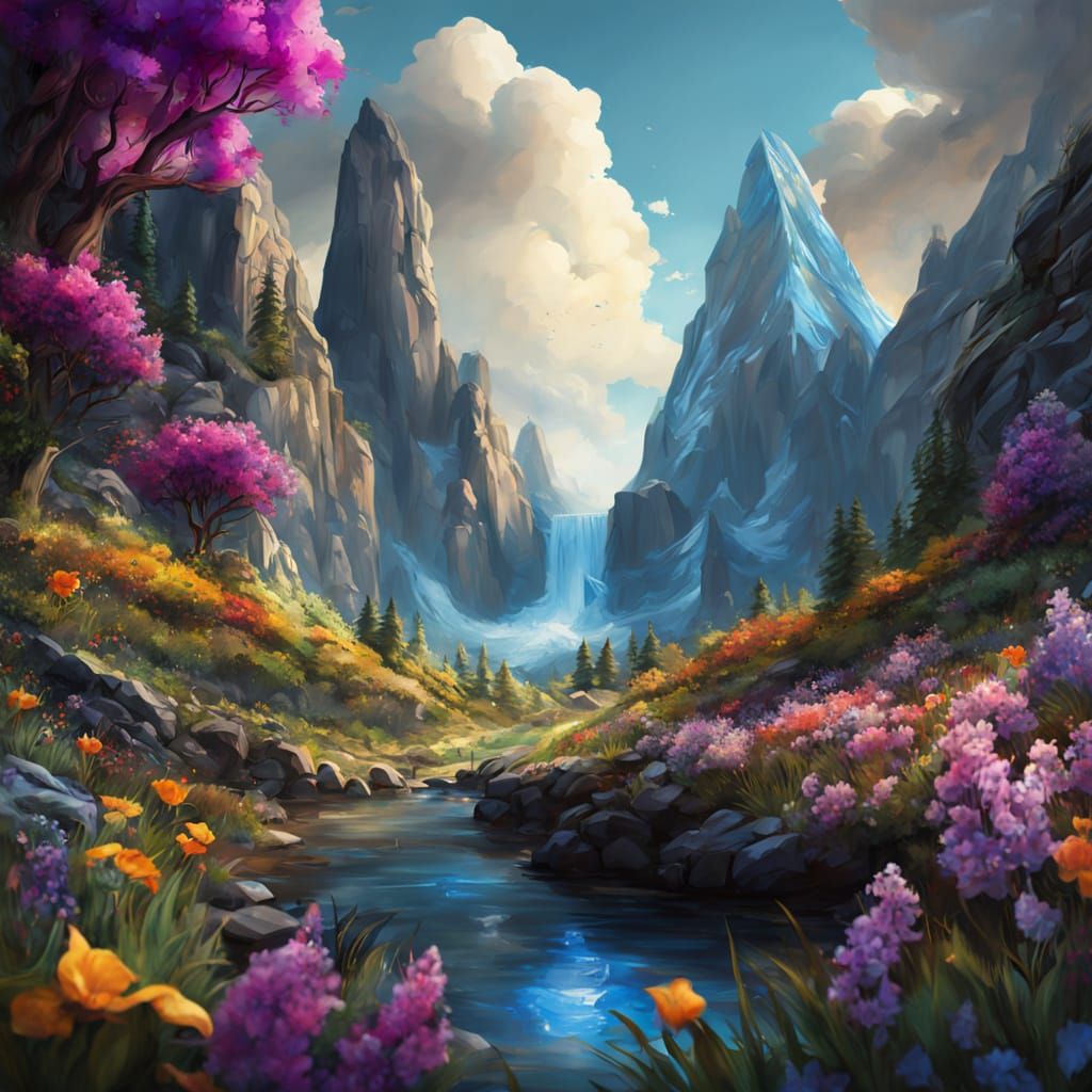 Fantasy Landscape with Flowers in Gouache Style