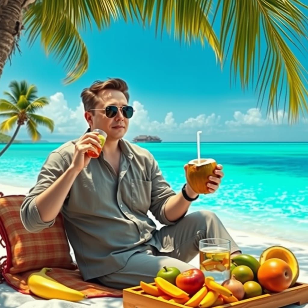 Elon Musk Enjoys Coconut Water on Tropical Maldives Beach