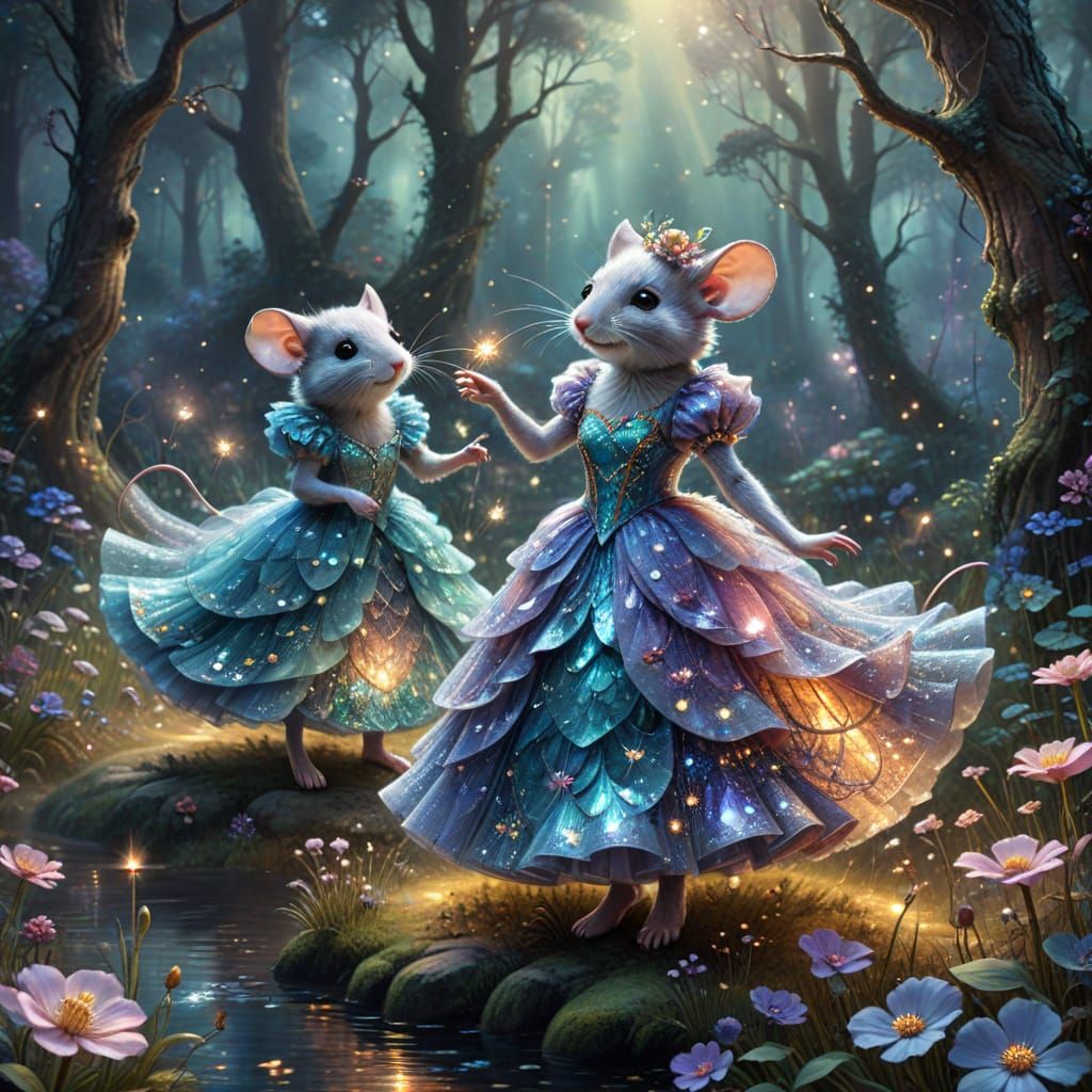 Mice in Iridescent Ball Gowns Dance in a Whimsical Forest