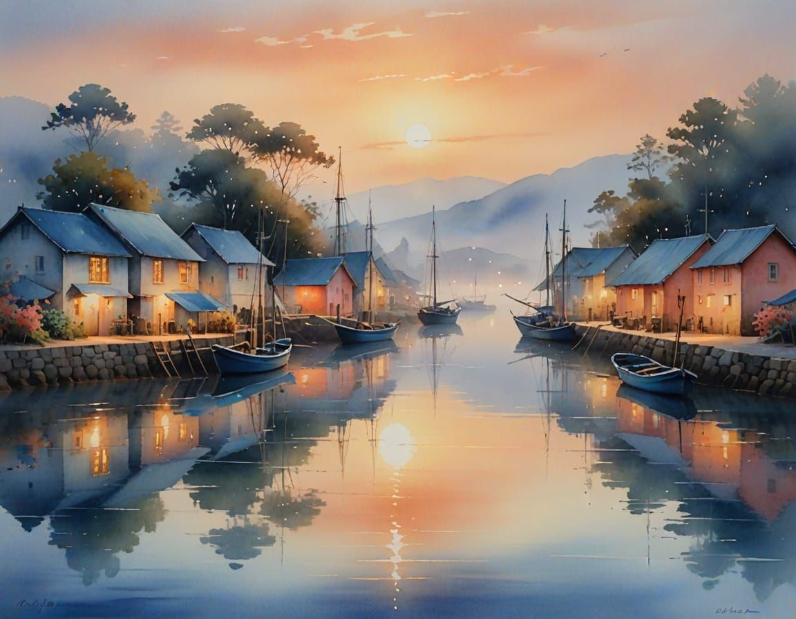 Watercolor Painting of Sleepy Fishing Village at Sunrise