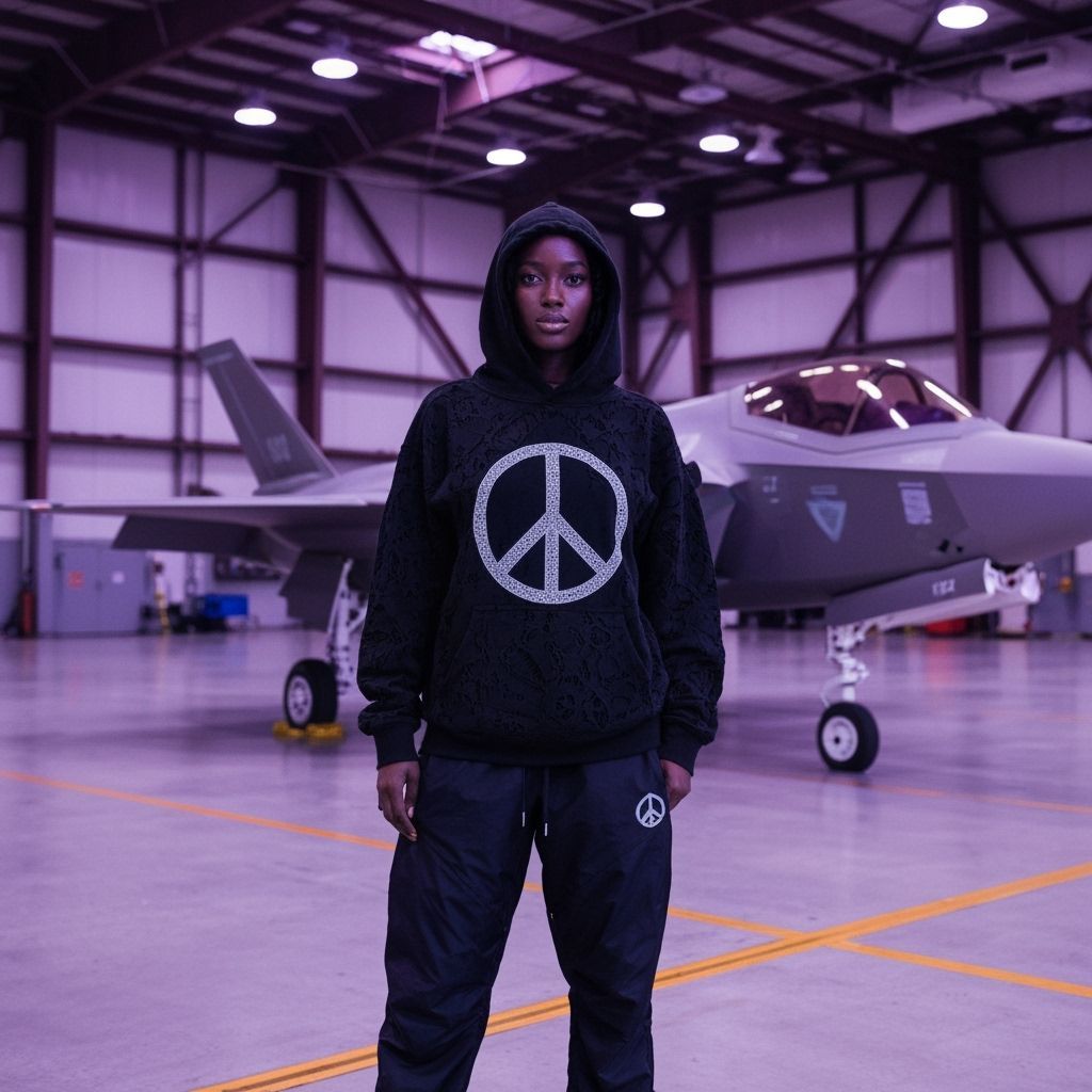 Black Woman in Hangar with F-35 Jet, Photorealistic Style