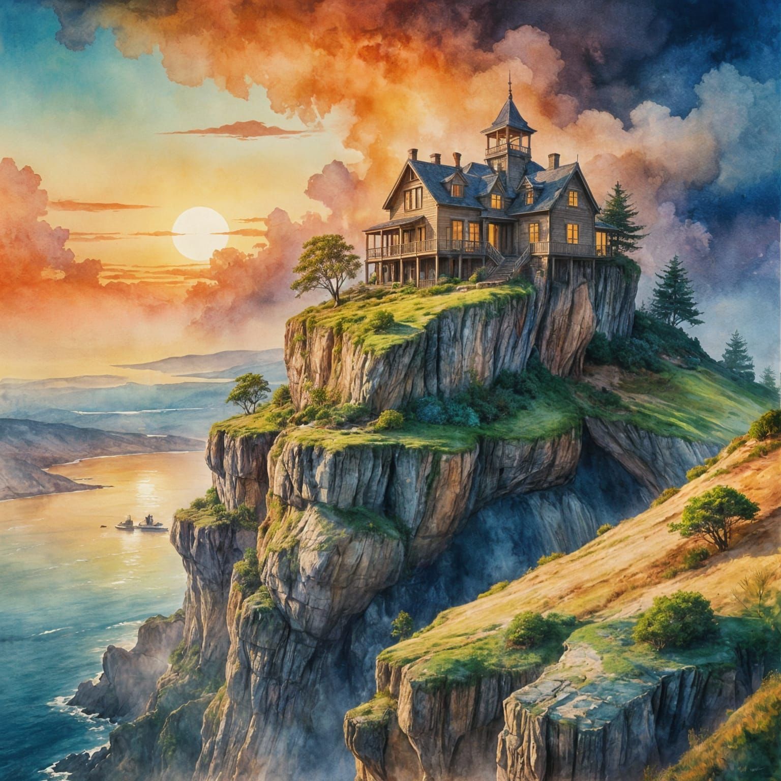 Surreal Cliffside Home in Watercolor Style