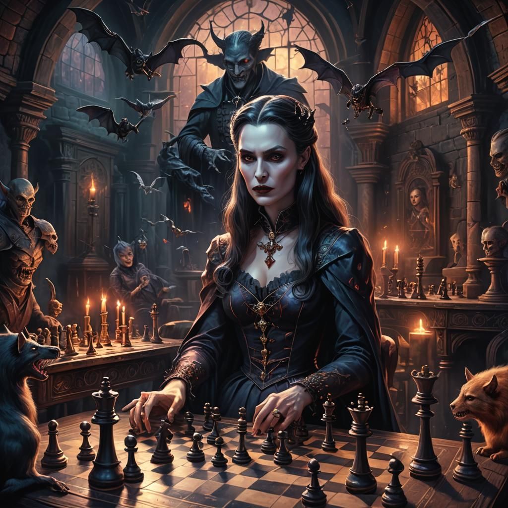 Dracula Woman Plays Chess with Devil: Cosmic Illustration