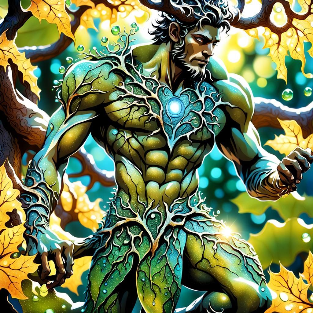 Handsome Dryad Man with Antlers in Detailed Macro Photograph