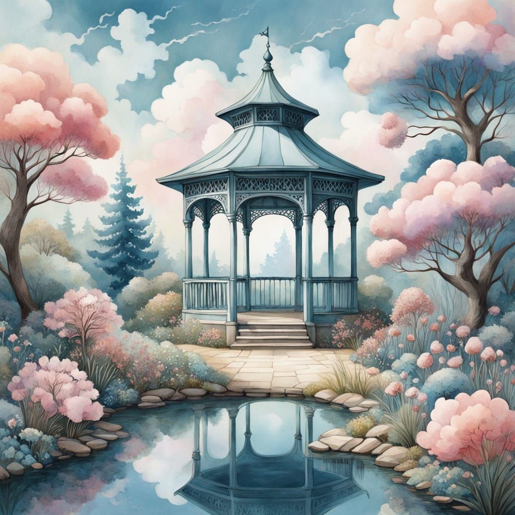Dreamy Whimsical Garden Scene with Fractal Clouds and Filigr...
