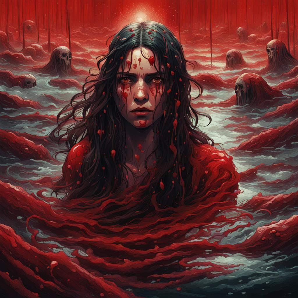 Woman in Blood Red Sea Surrounded by Bodies
