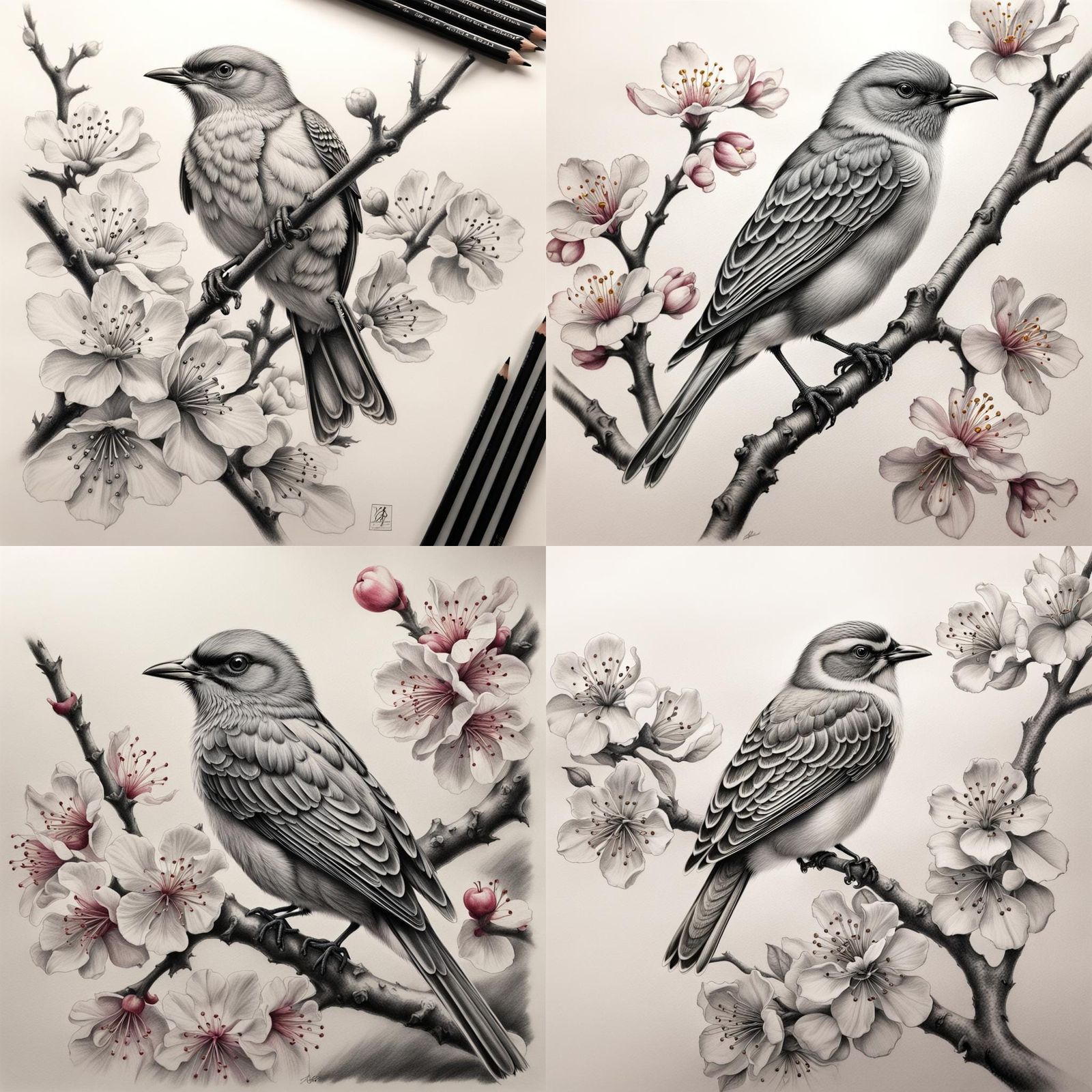 Bird on Cherry Blossoms: Hyperrealistic Charcoal Tattoo Desi...