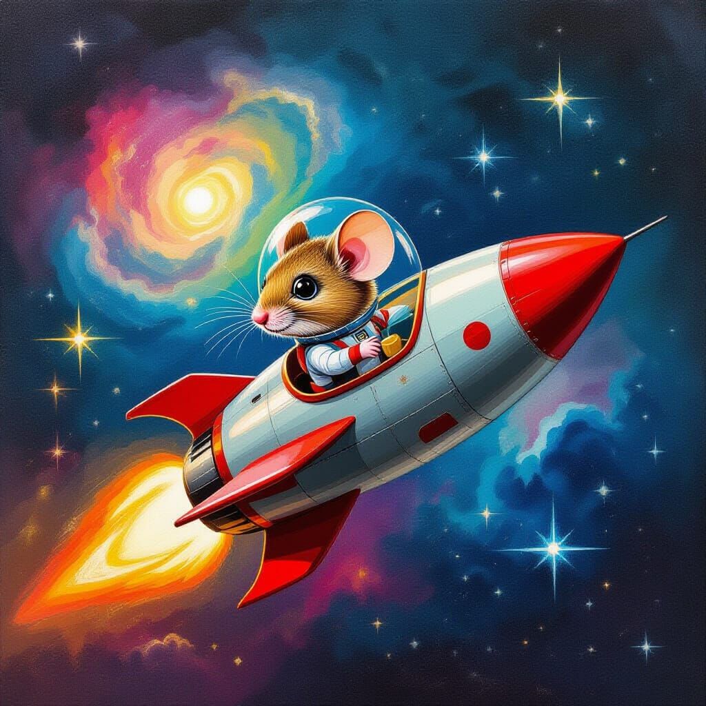 Mouse Pilot in Vintage Rocket Through Nebula - Encaustic Fol...