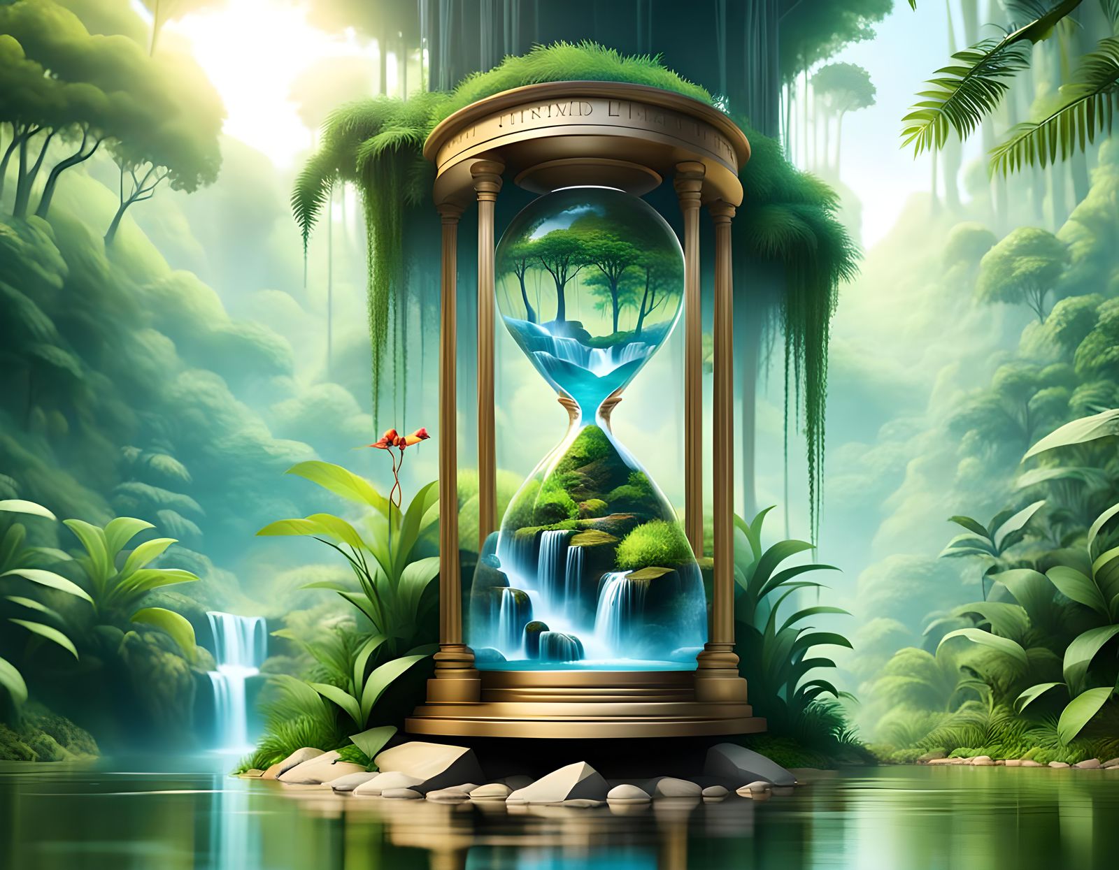 Jungle Waterfall Encased in Hourglass: 3D Render