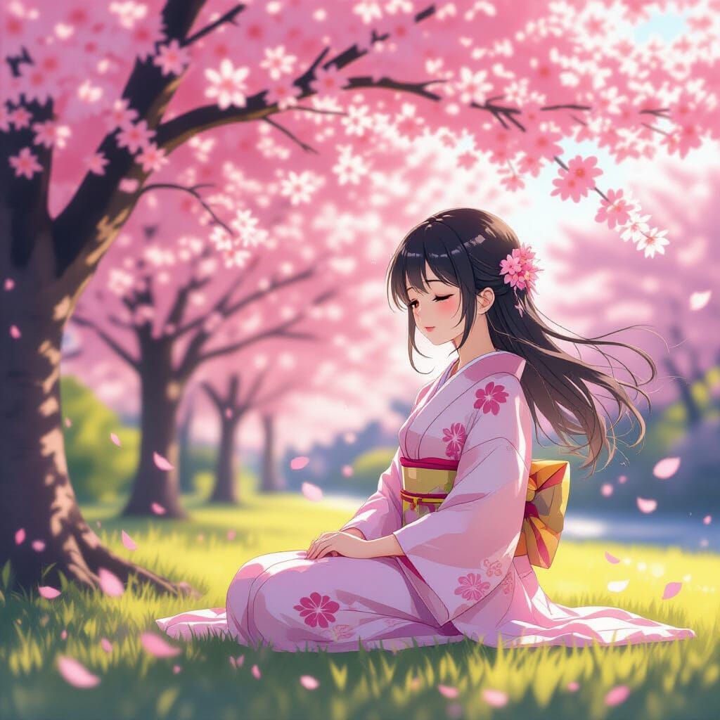 Anime Girl Under Sakura Tree in Gentle Wind