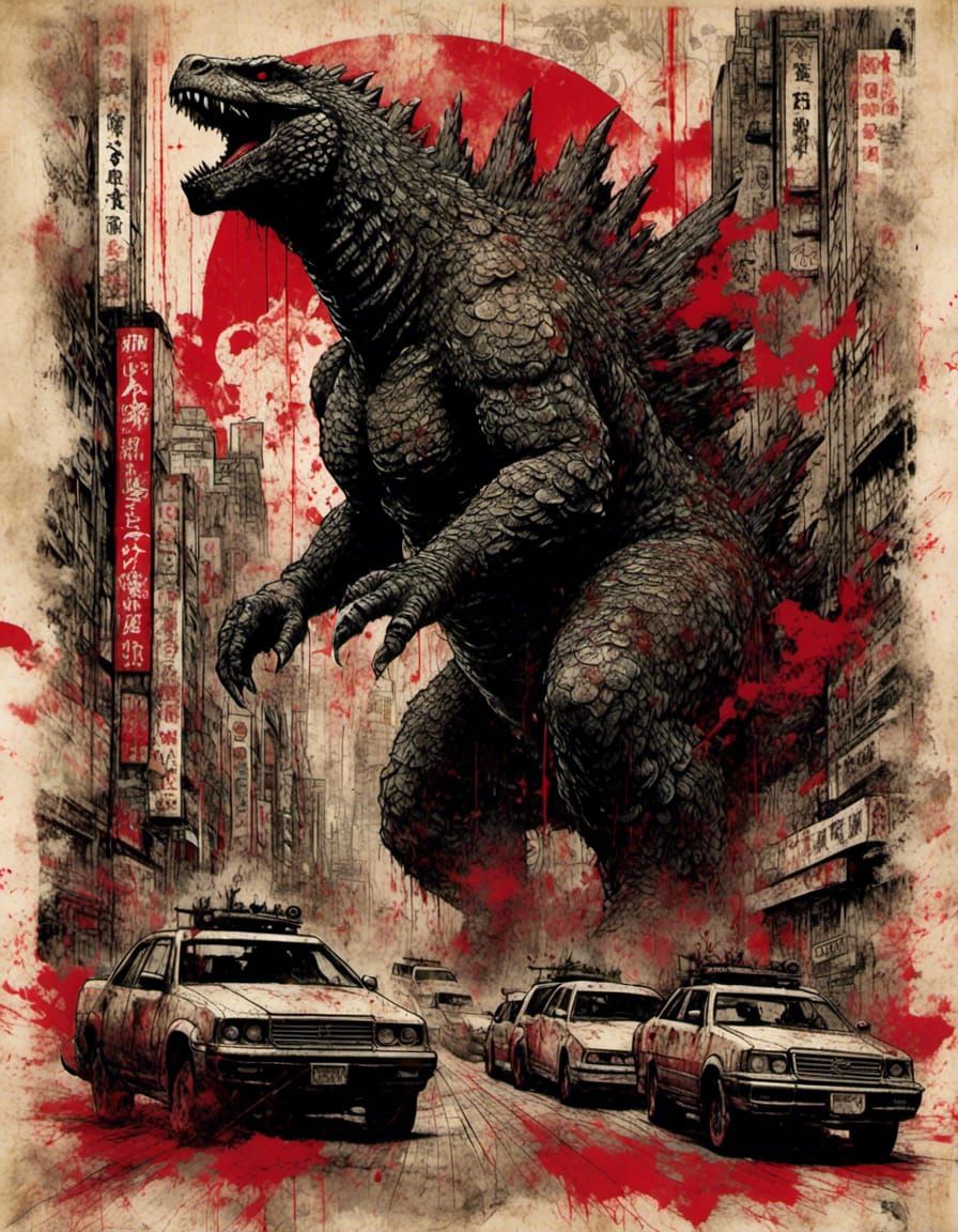 Godzilla rampaging through Tokyo