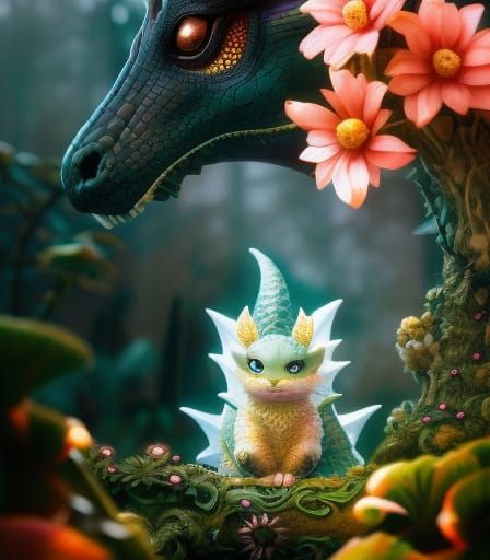 Cute Baby Dragon in Sinister Flower Wood: 3D Portrait