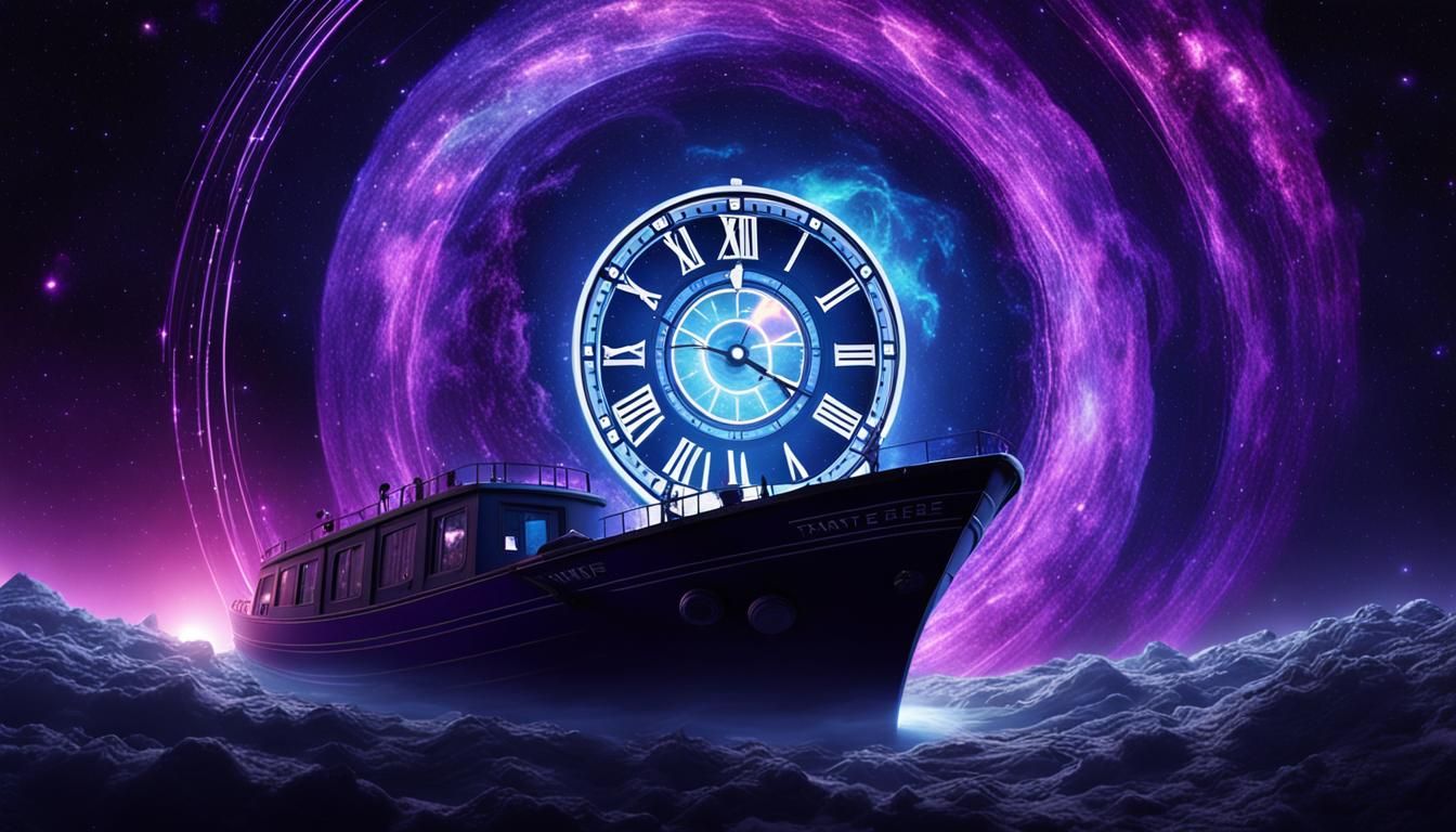 Time Traveler Boat Approaching Blackhole with Clock, Cinemat...