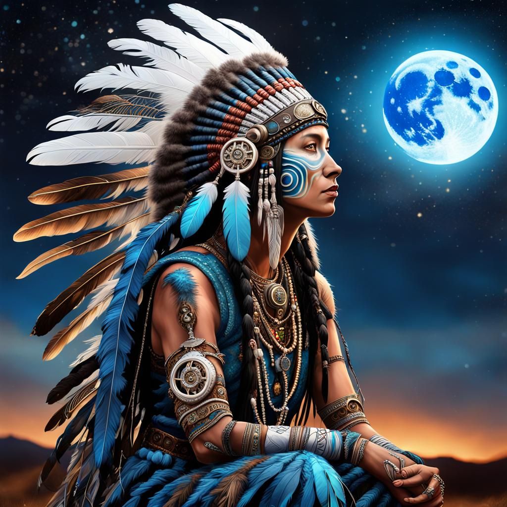 Steampunk Shamaness Praying to Blue Moon