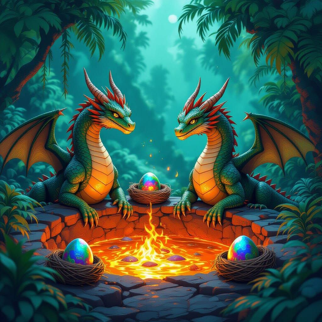 Dragons and Eggs in Lush, Mystical Landscape