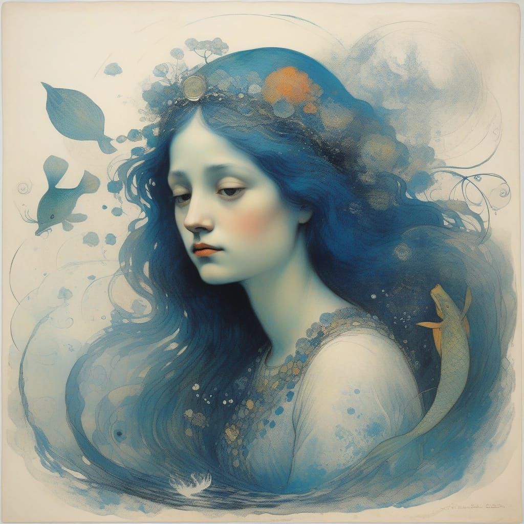 Melancholic Mermaid Portrait in Symbolist Style