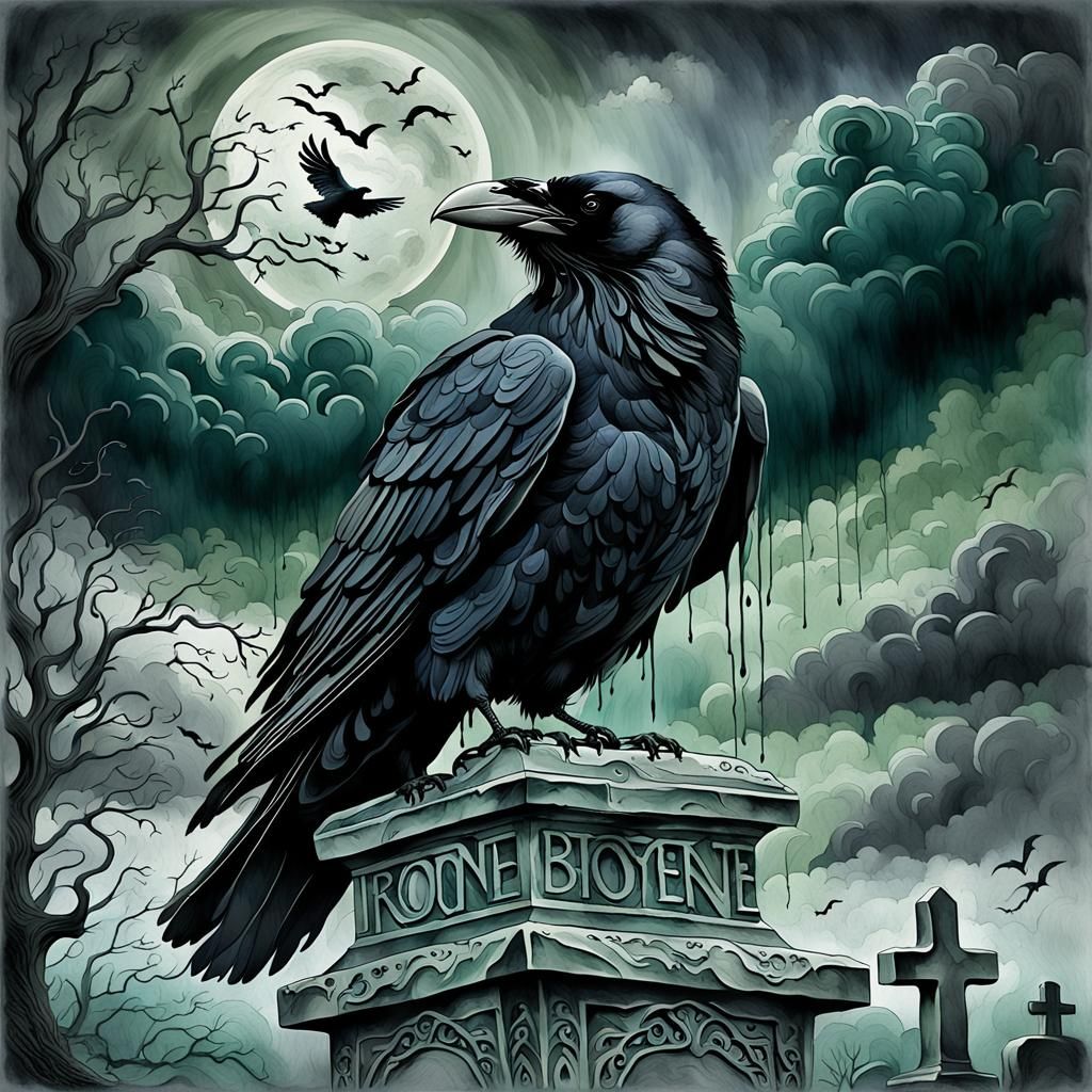 Raven on Tombstone in Stormy Sky Watercolor