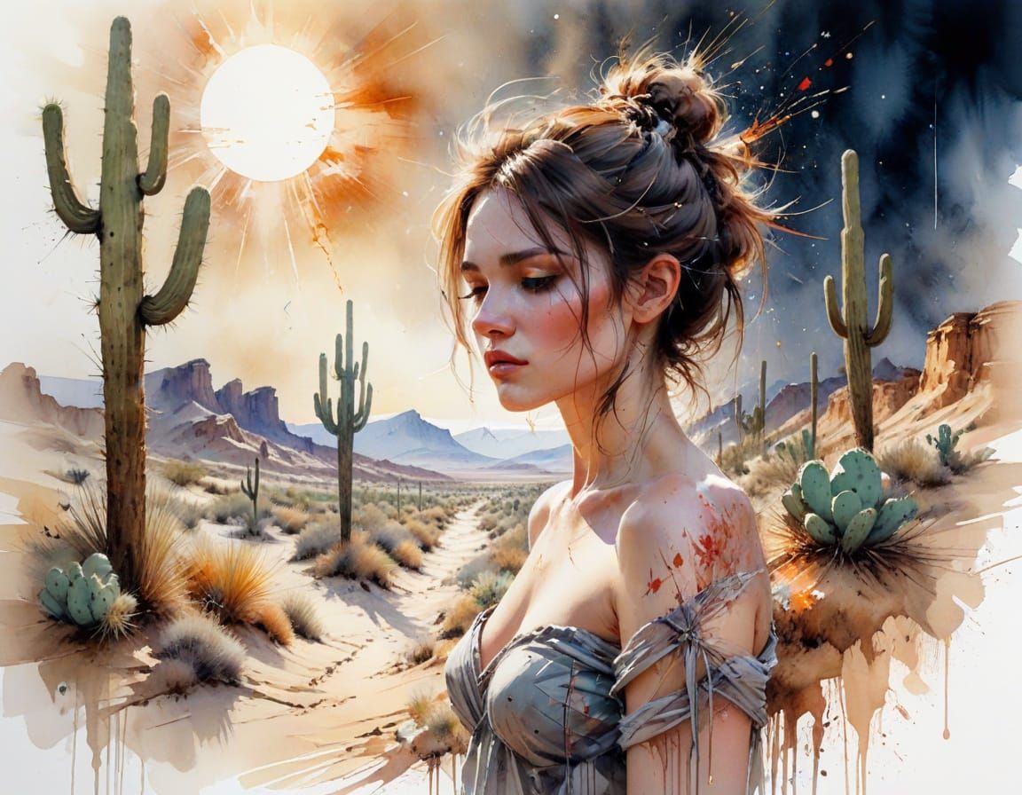 Desert Oasis at Night in Watercolor Style