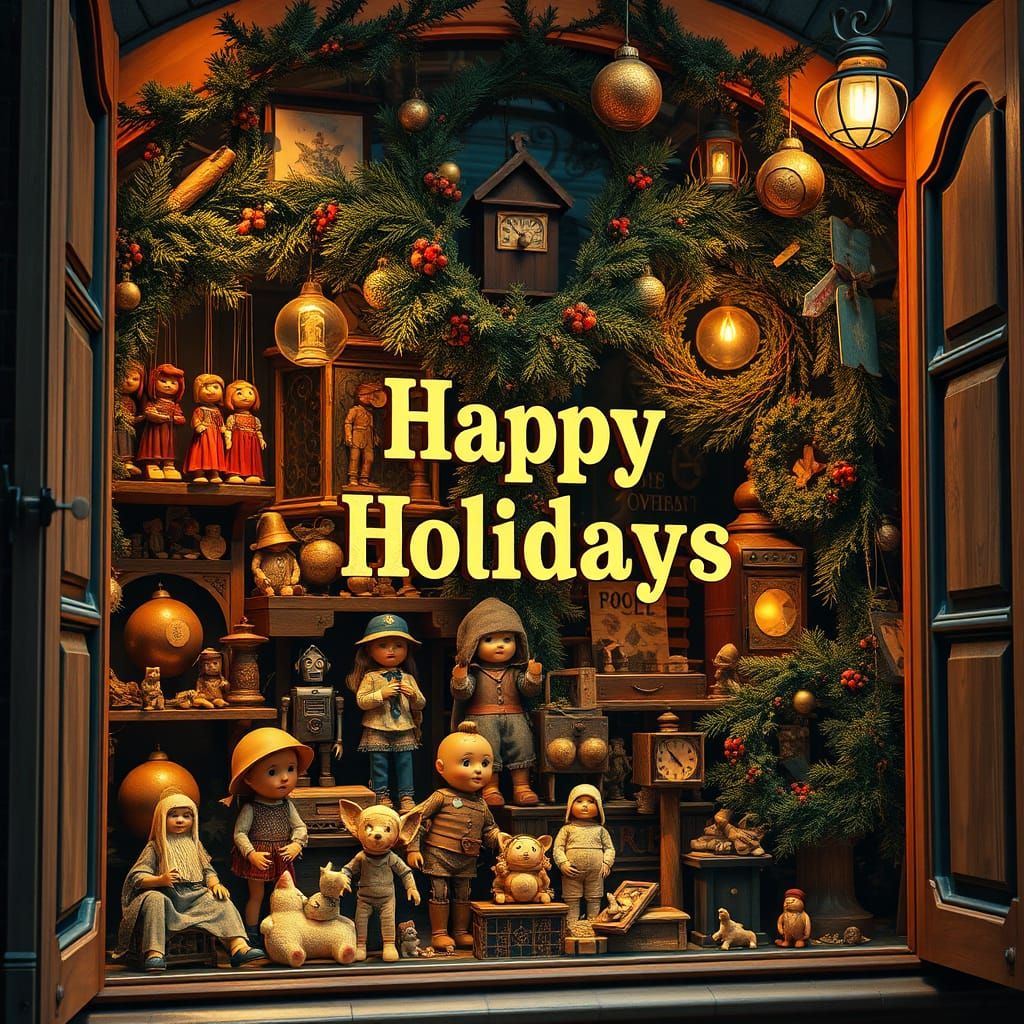 Whimsical Winter Wonderland Toy Shop Window Display in Golde...