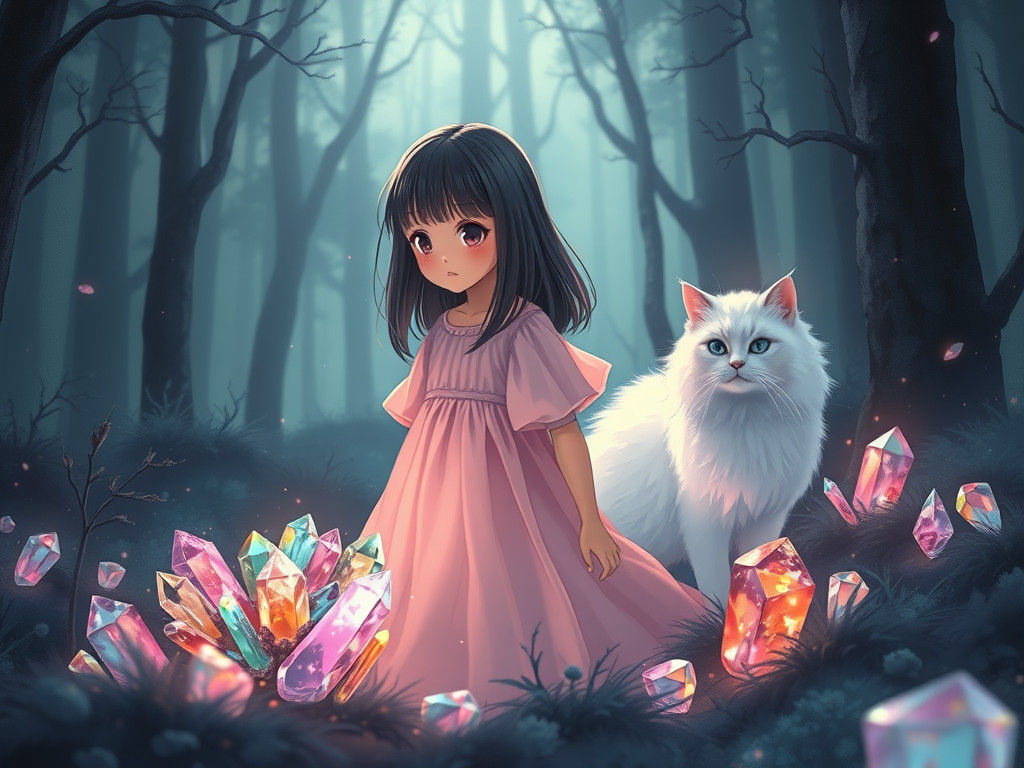 Girl and Cat Discover Glimmering Crystals in Forest